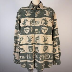 VINTAGE Paragraff Novelty Print Wool Blend Shacket L - Gorpcore Beer Logo AOP ❤️